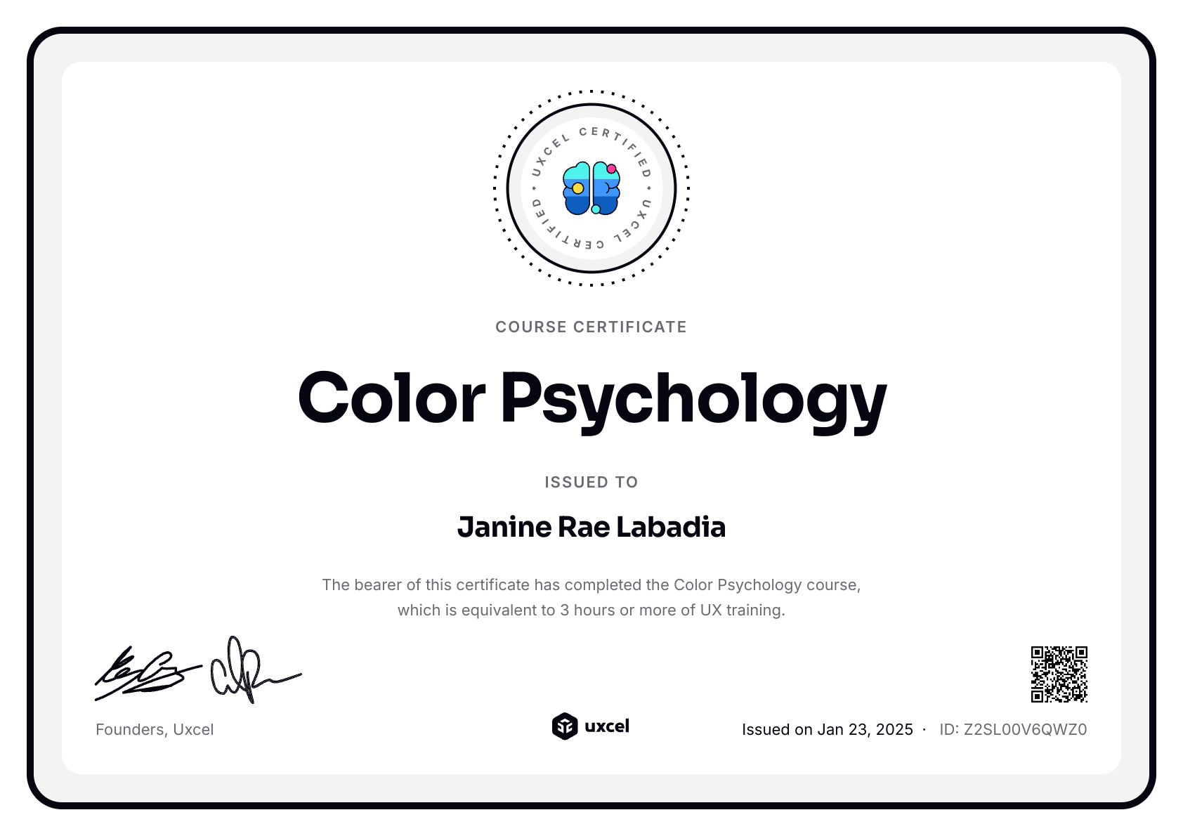 Janine Rae Labadia's certificate